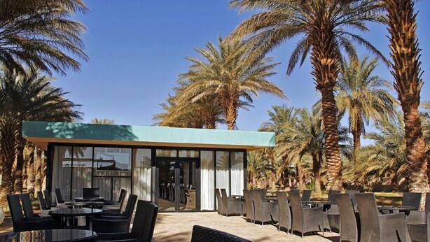 An outdoor seating area with tables and chairs, surrounded by palm trees. - Hotel Mraguen (Adrar)