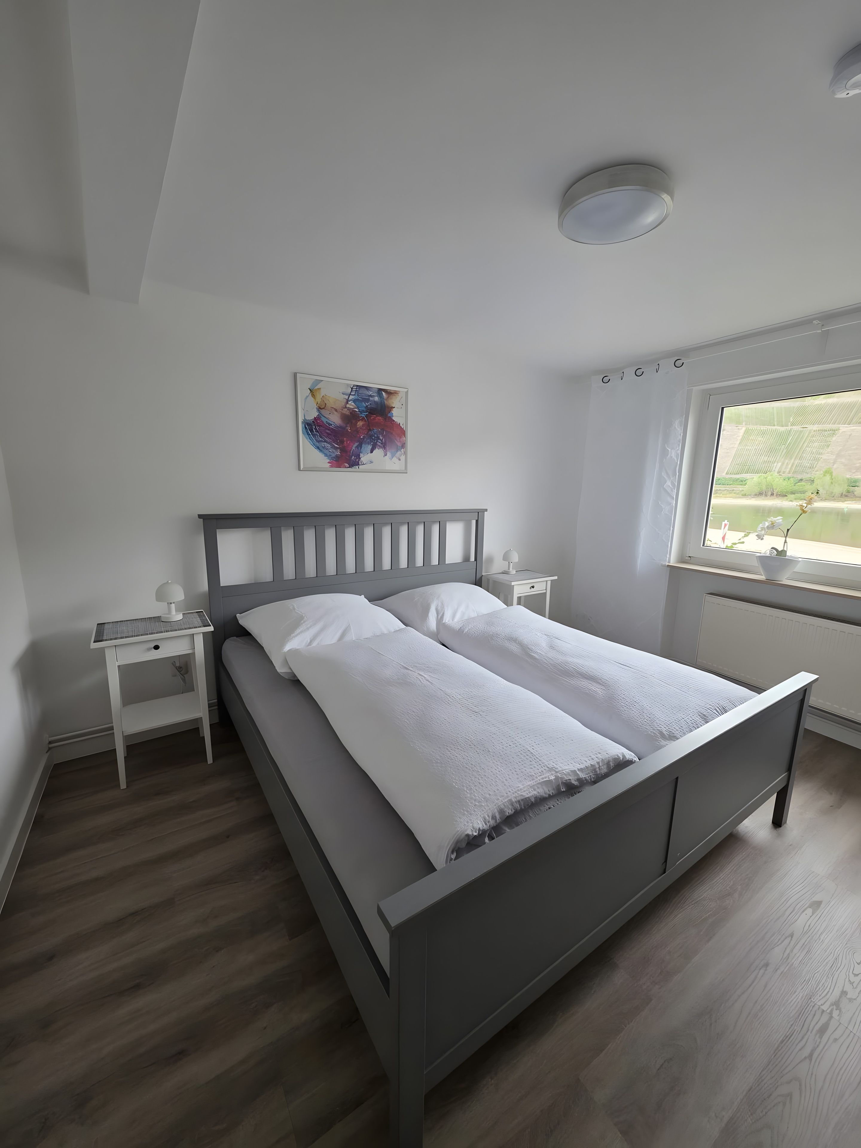 Ein Schlafzimmer mit Bett, Nachttischen, einem Fenster mit Blick und einer Deckenleuchte.