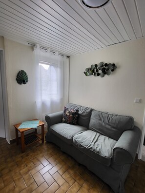 A room with a grey sofa, a small wooden table, a decorative leaf, and a wall-mounted circular object.