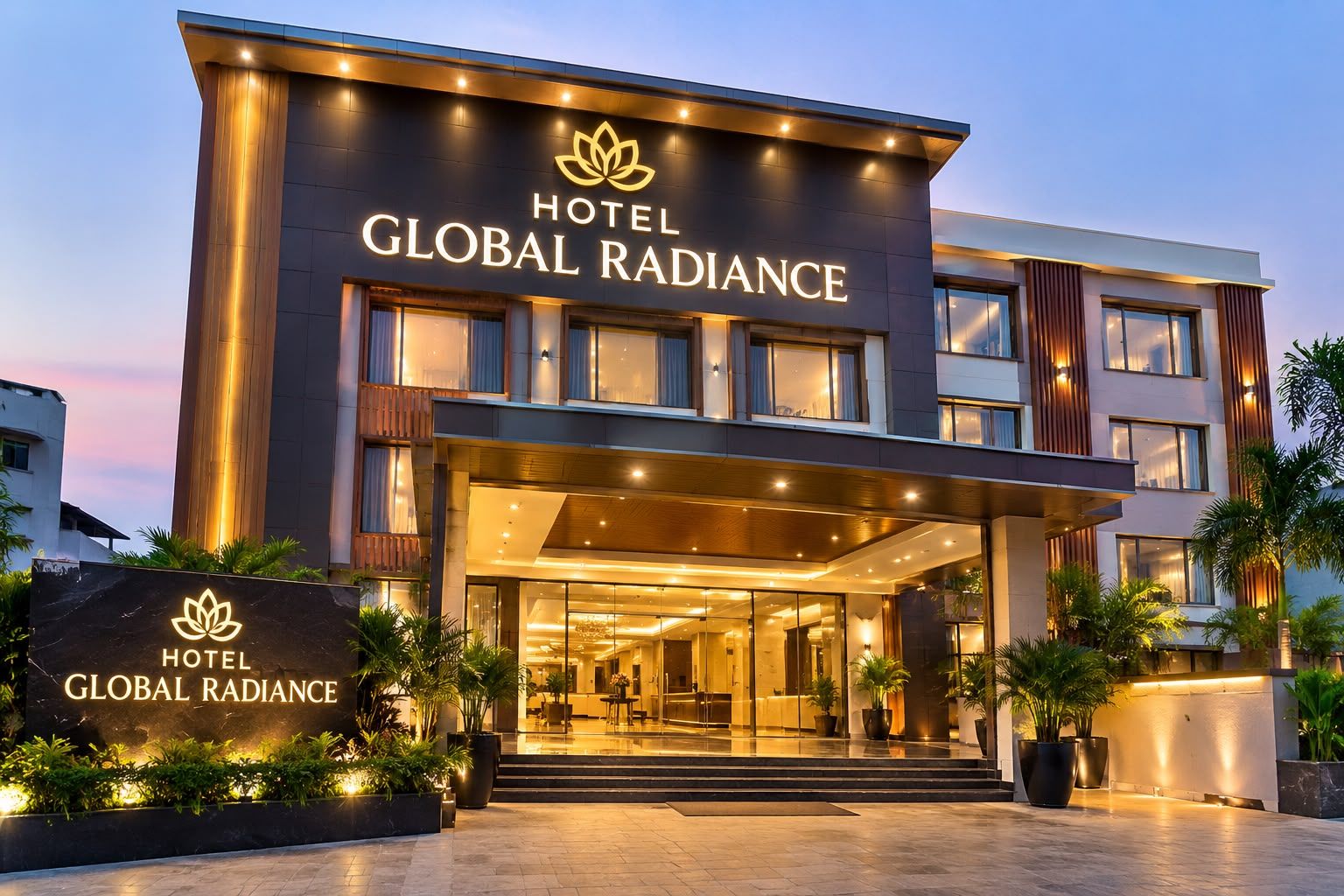 A modern hotel entrance with a sign reading 'HOTEL GLOBAL RADIANCE.'