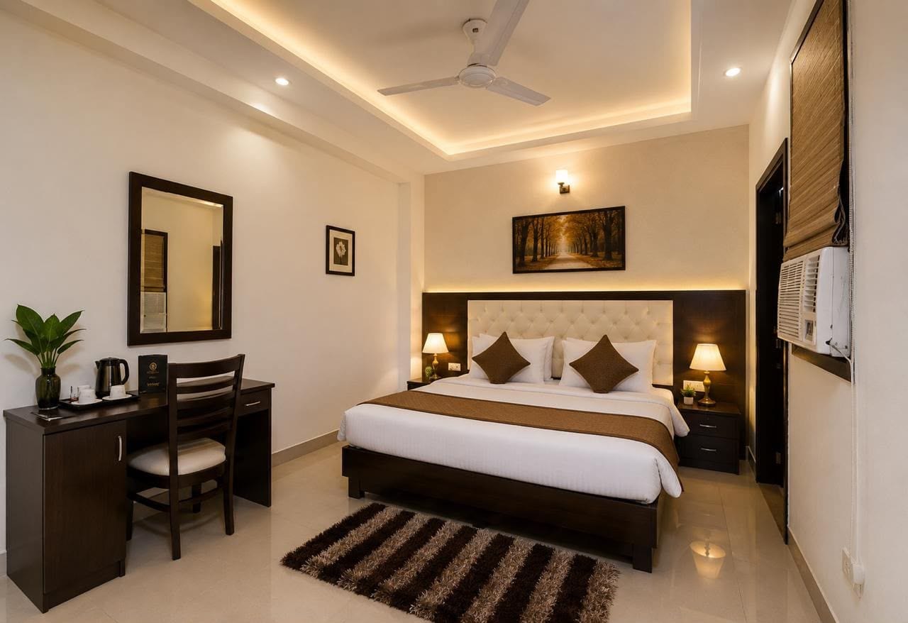 A hotel room with a bed, desk, chair, and a ceiling fan.