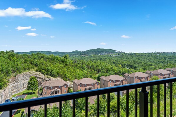 A residential area with brick houses, a rocky outcrop, and a hilly landscape. - Walk-In 3BR | Fun Bunk Room + Arcade | Sleeps 9 (Branson)