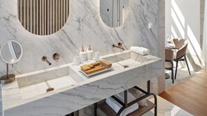 A modern bathroom with a marble vanity, two sinks, and a large mirror. - The Lince Santa Clara Historic Hotel (Vila do Conde)