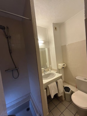 A bathroom with a shower, sink, mirror, and toilet.