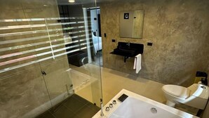 Ett modernt badrum med en duschavdelning med glasväggar, ett stort badkar och en separat toalett.
