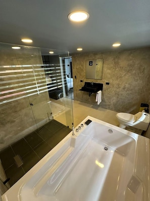 Un baño moderno con cabina de ducha acristalada, una bañera amplia y un área de inodoros separada.