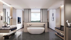 Une salle de bain moderne avec une baignoire sur pieds, un grand miroir et un meuble-lavabo doté d’un plan de travail en marbre.