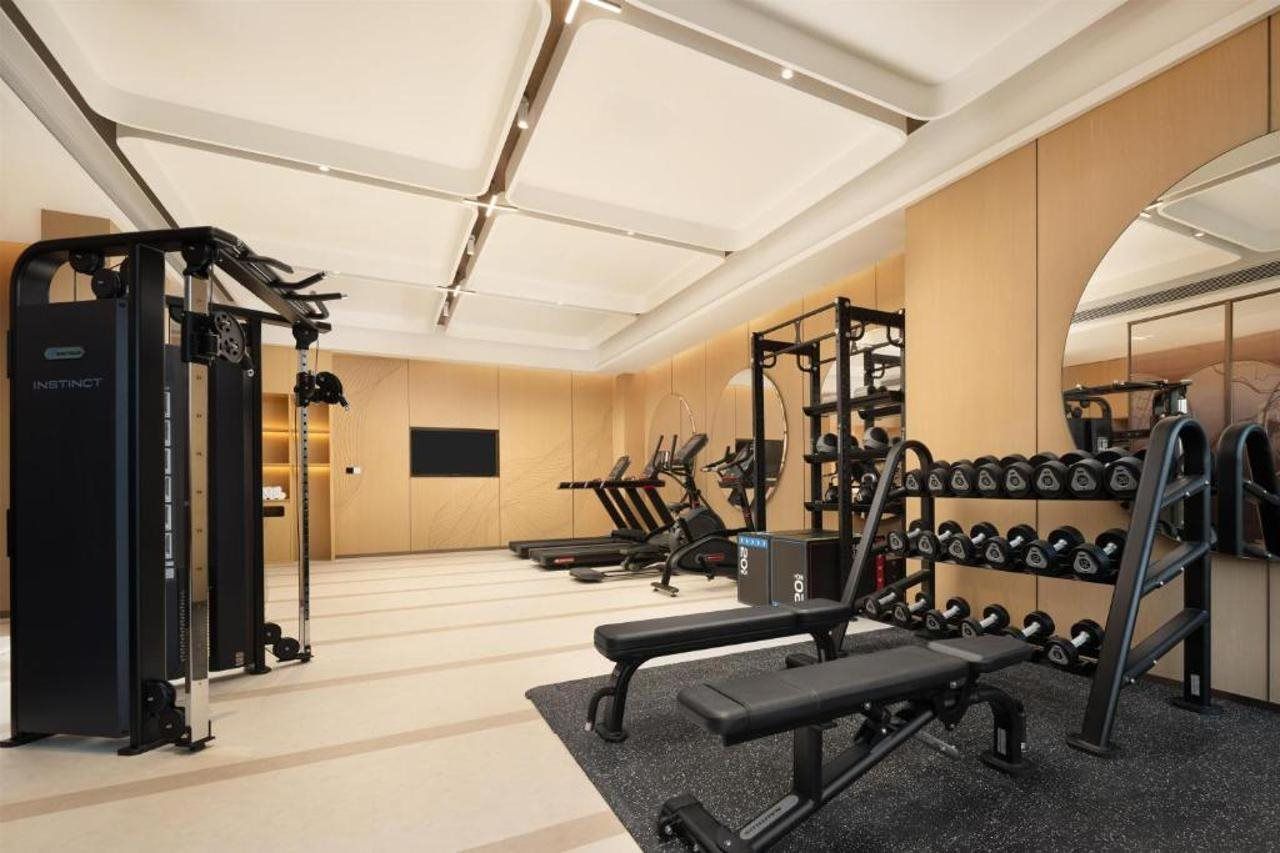 A gym with weightlifting equipment, treadmills, and a bench.