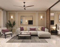 Una sala de estar moderna con un sofá modular, una mesa de centro y un ventilador de techo.