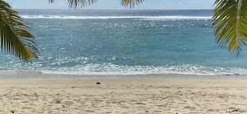 Una playa con agua cristalina y una orilla arenosa.