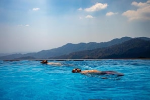 A body of water with two dolphins swimming, surrounded by mountains. - Fortune Select Forest Hill Kasauli (Solan)