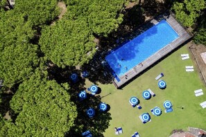 An aerial view of a swimming pool surrounded by lush greenery, with several lounge chairs and umbrellas arranged around the pool area.