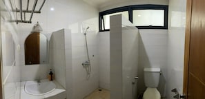 Un baño con lavamanos, espejo, ducha e inodoro.