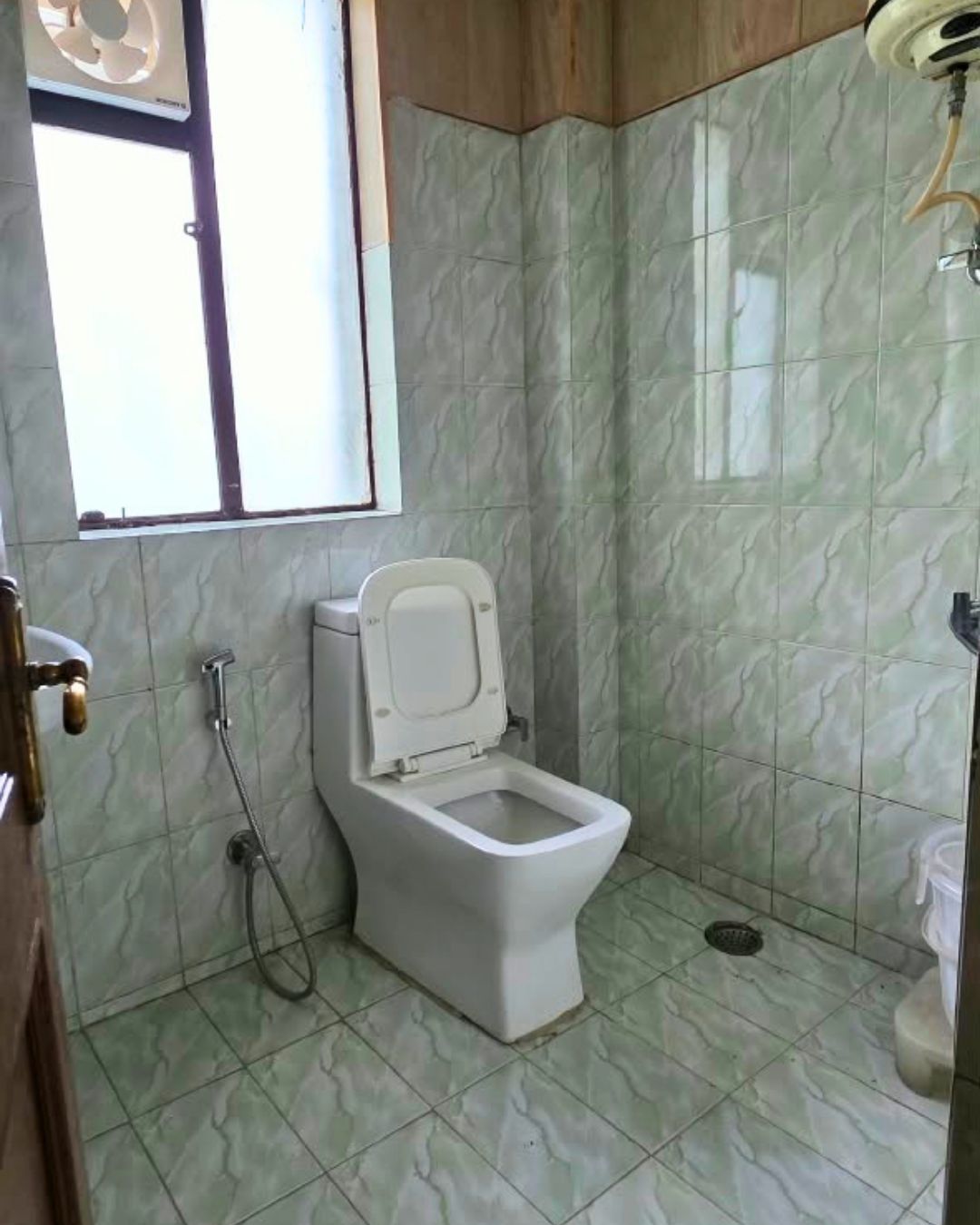 A bathroom with a toilet, shower, and a window.