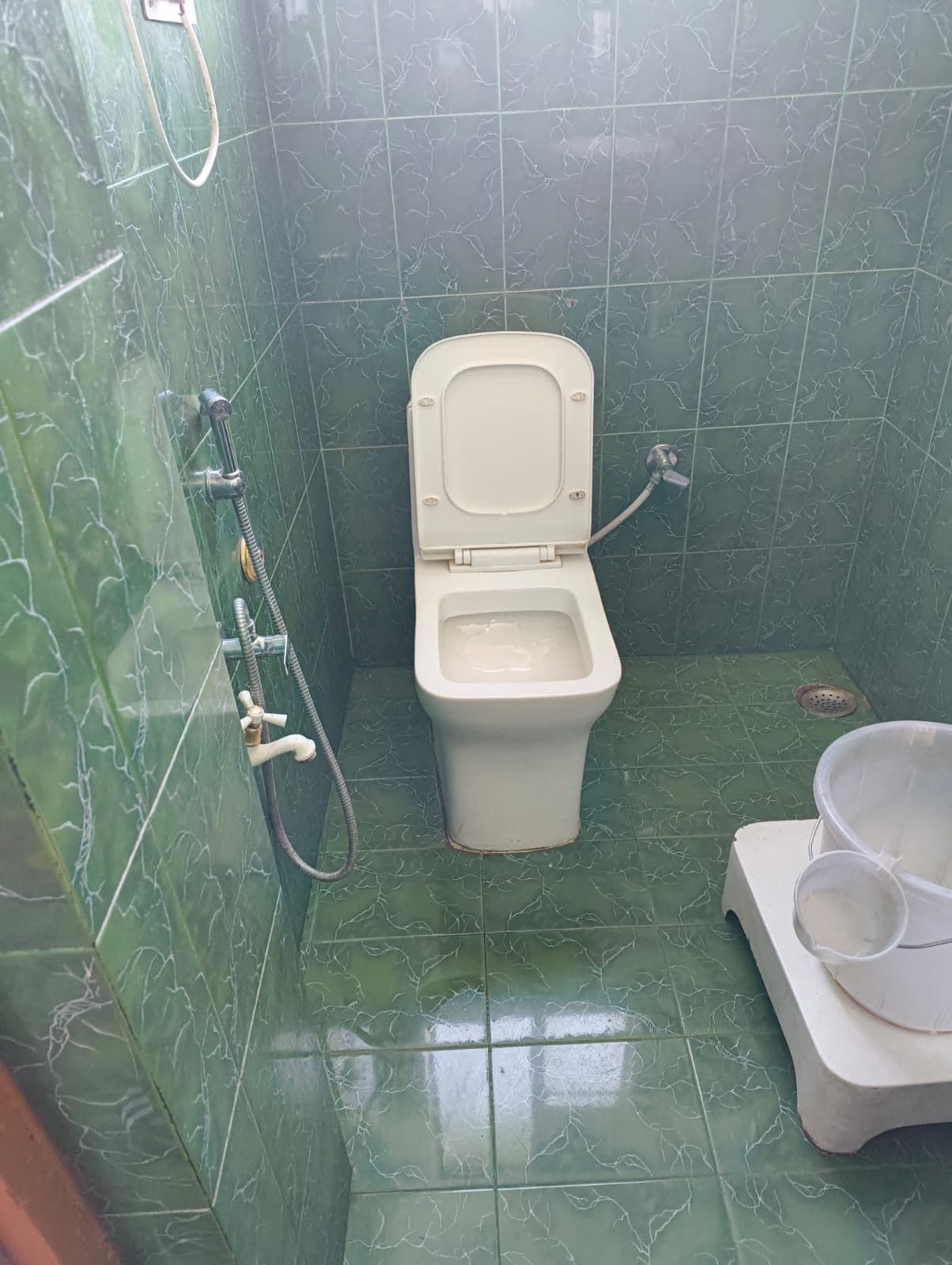 Un baño pequeño con inodoro, ducha y lavamanos.
