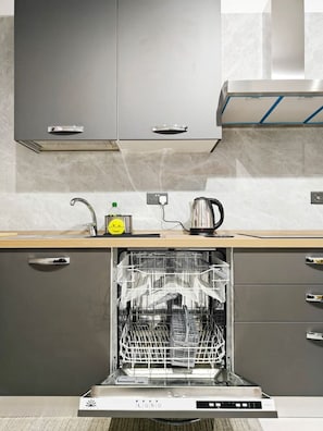 A modern kitchen with grey cabinets, a stainless steel dishwasher, and a countertop with a kettle and a bottle. - White tulip apartment (Safi)