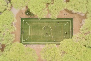 An aerial view of a soccer field surrounded by trees.