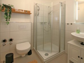 A modern bathroom with a glass-enclosed shower, a toilet, a sink, and a shelf with a plant. - 19 Grosse Strasse, Holiday Apartment 1 (Wyk auf Foehr)