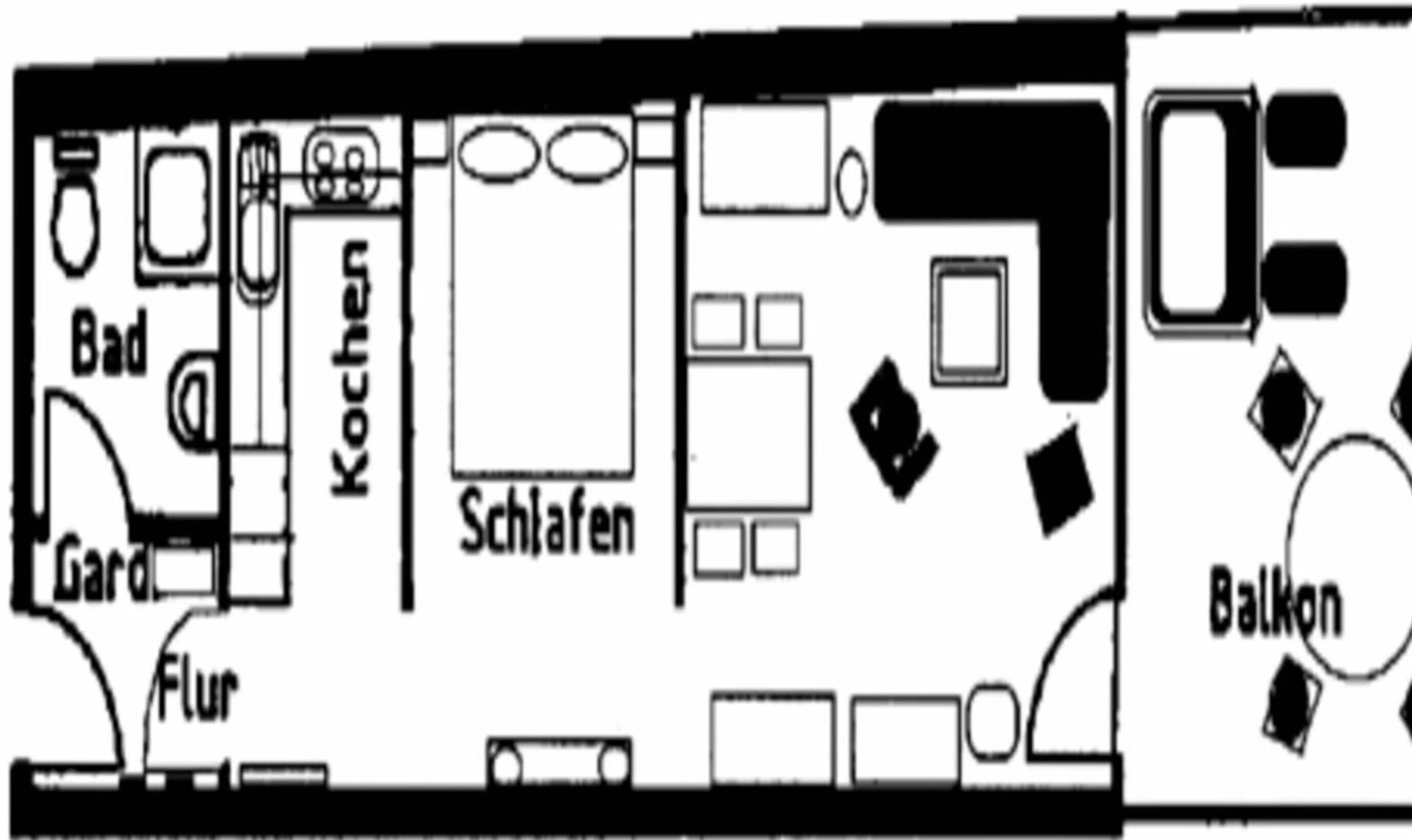 A floor plan with a garden, kitchen, dining area, and balcony.