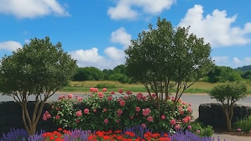A landscaped garden with trees and colorful flowers.