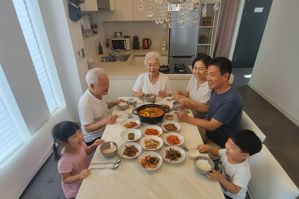 A family dining at a table with various dishes, a kitchen in the background, and a modern interior design.