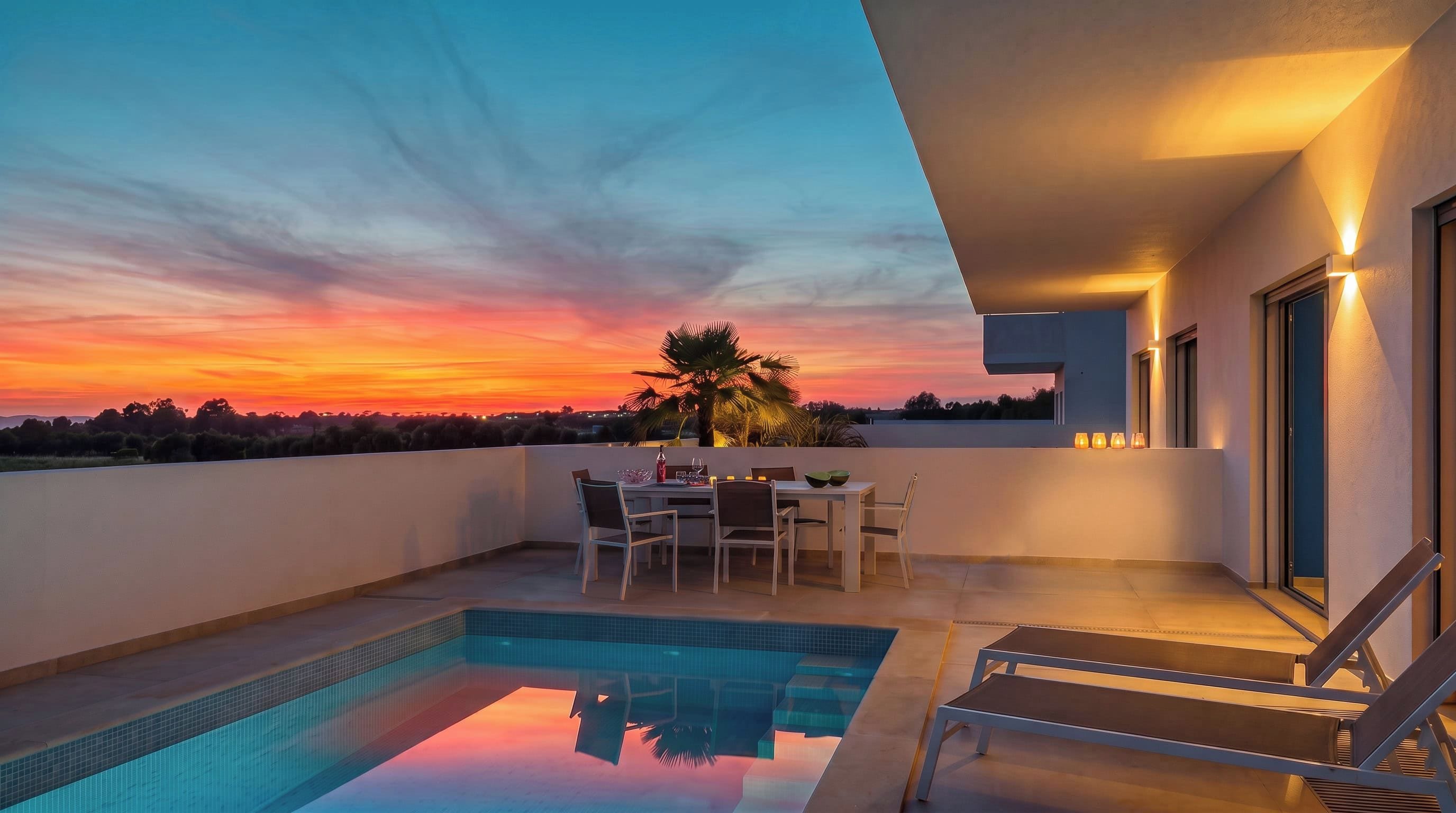 Un área de piscina en la azotea con vistas al atardecer, una mesa de comedor con sillas y una piscina pequeña.