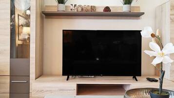 Ein Wohnzimmer mit Flachbildfernseher, Holzschränken, Kamin und Zimmerpflanzen.