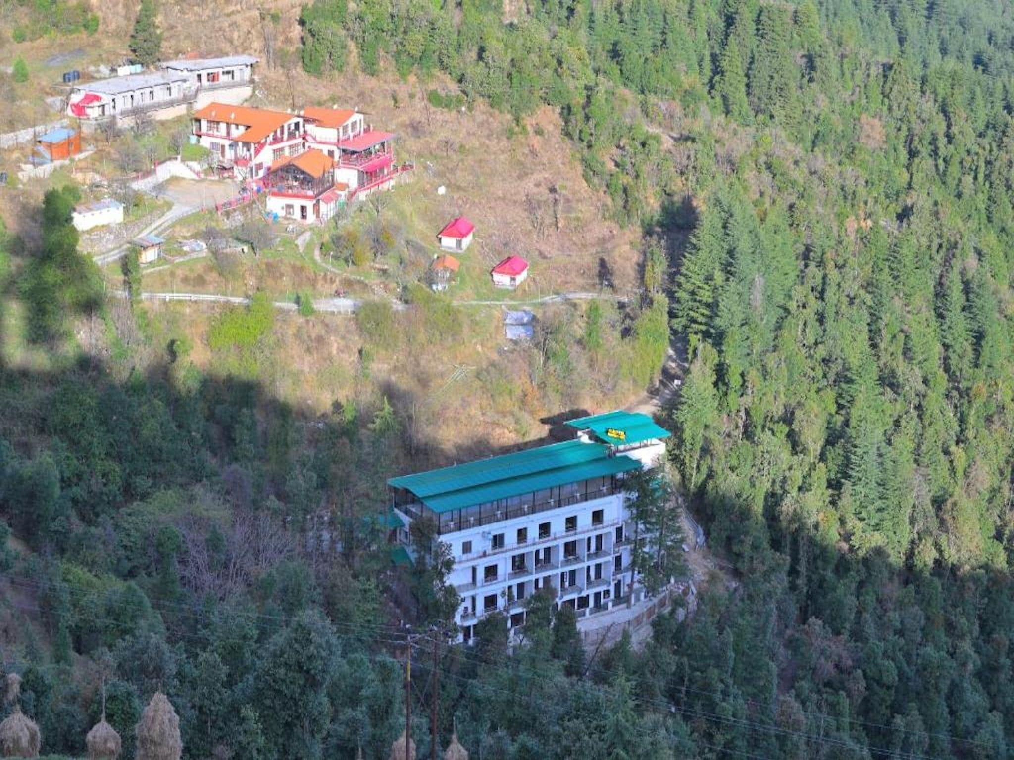 A multi-story building with a green roof, surrounded by dense forest.