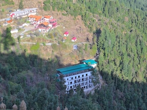 Un edificio de varios pisos con techo verde, rodeado de un bosque denso.