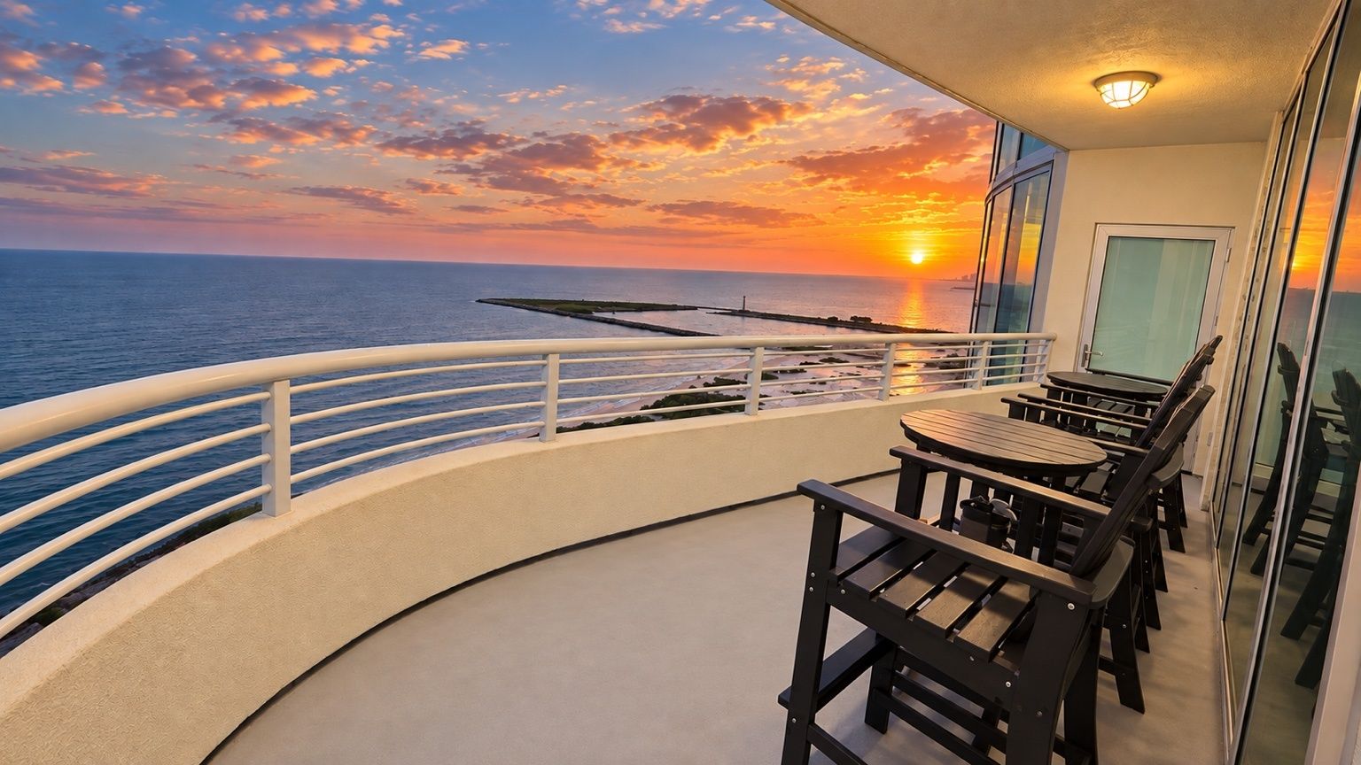 Un balcon offrant une vue sur le coucher de soleil sur l’océan, aménagé avec des tables et des chaises.
