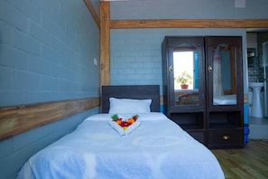 Un dormitorio con una cama, un armario de madera y un espejo.
