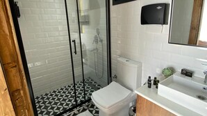A bathroom with a glass-enclosed shower, a toilet, a sink, and a mirror.