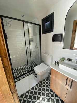 Une salle de bain avec une douche à parois de verre, des toilettes, un lavabo et un miroir.