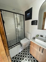 Un baño con cabina de ducha de vidrio, inodoro, lavamanos y espejo.