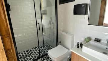 Une salle de bain équipée d’une douche, de toilettes, d’un lavabo et d’un miroir.