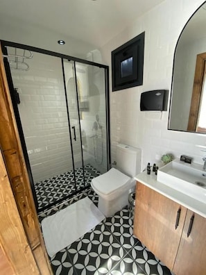 A bathroom with a shower, toilet, sink, and mirror. - King Tiny House (Karamandere)