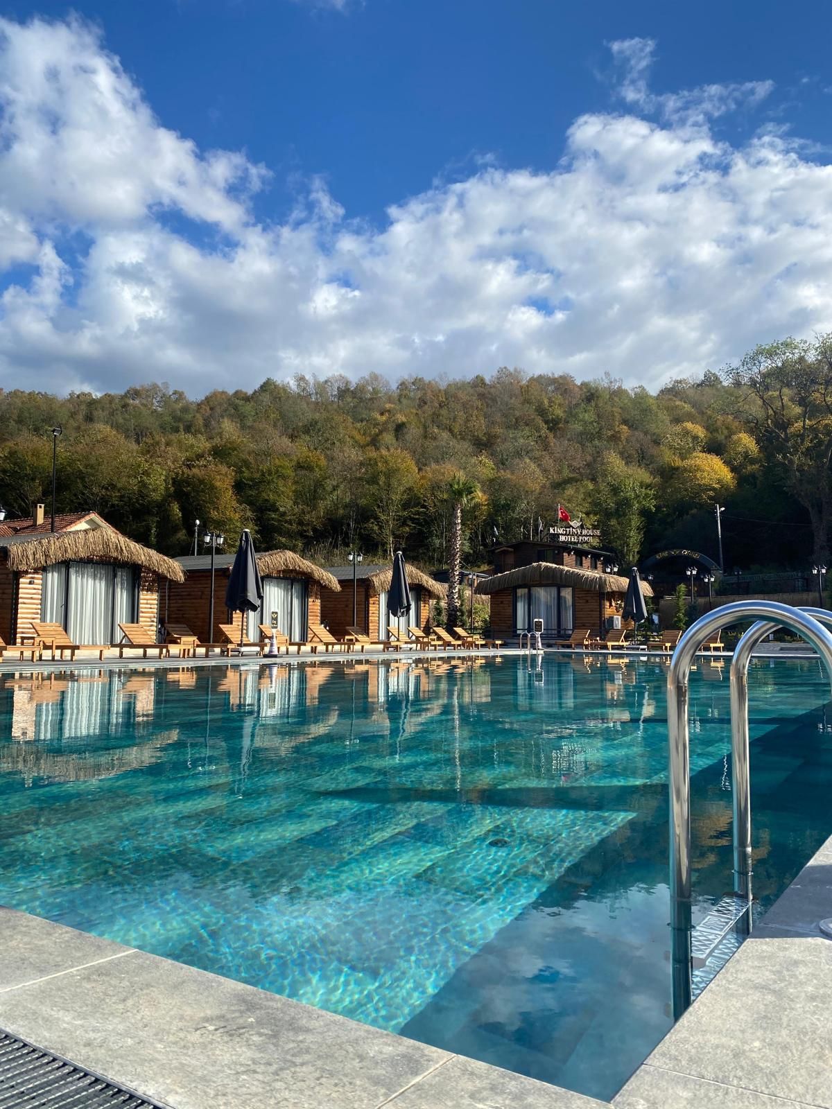 A clear swimming pool with lounge chairs and thatched-roof cabins, surrounded by a forested hillside.