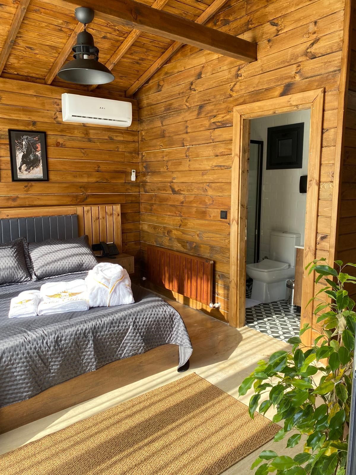 A wooden cabin interior with a bed, a radiator, a framed picture, and a doorway leading to a bathroom.