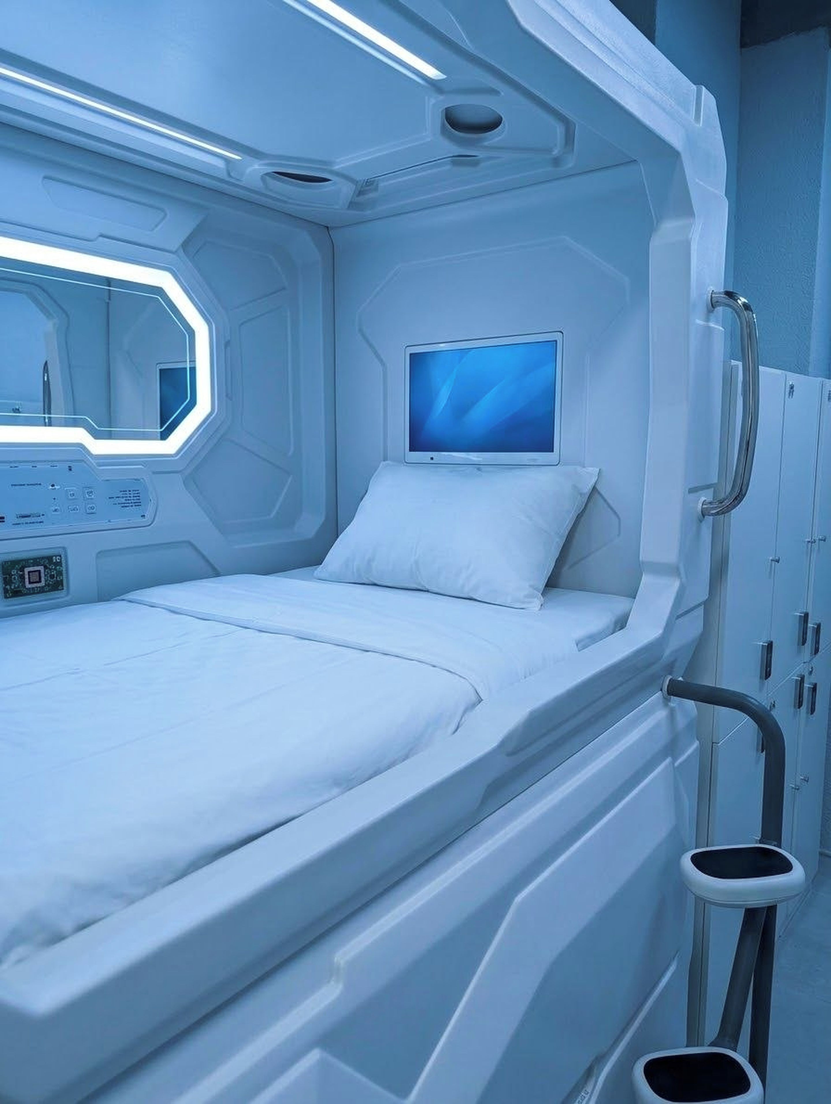 Una habitación futurista con una cama, un panel de control, un monitor y un pequeño taburete.