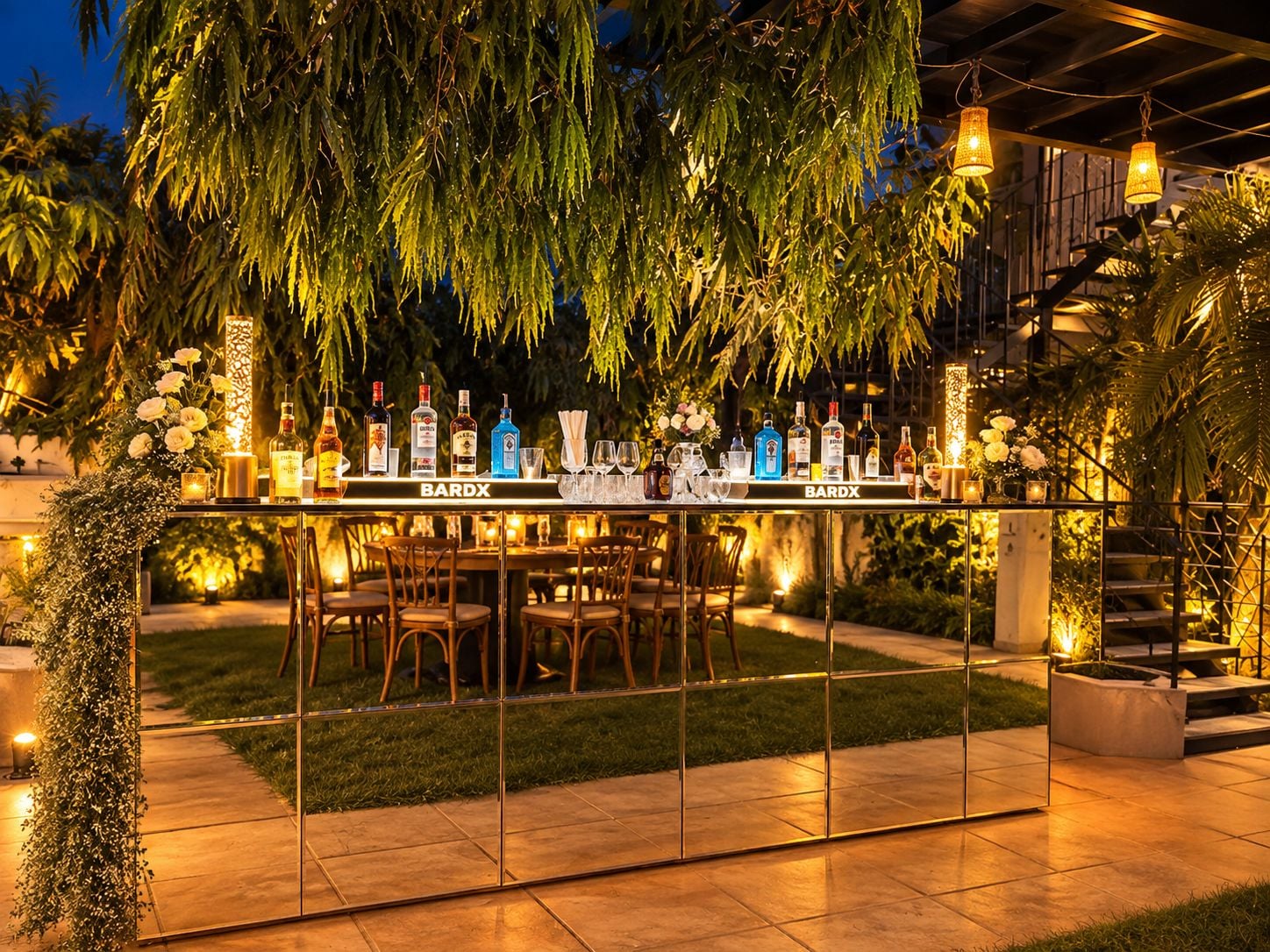 An outdoor bar area with a glass partition, bar stools, and a variety of liquor bottles.