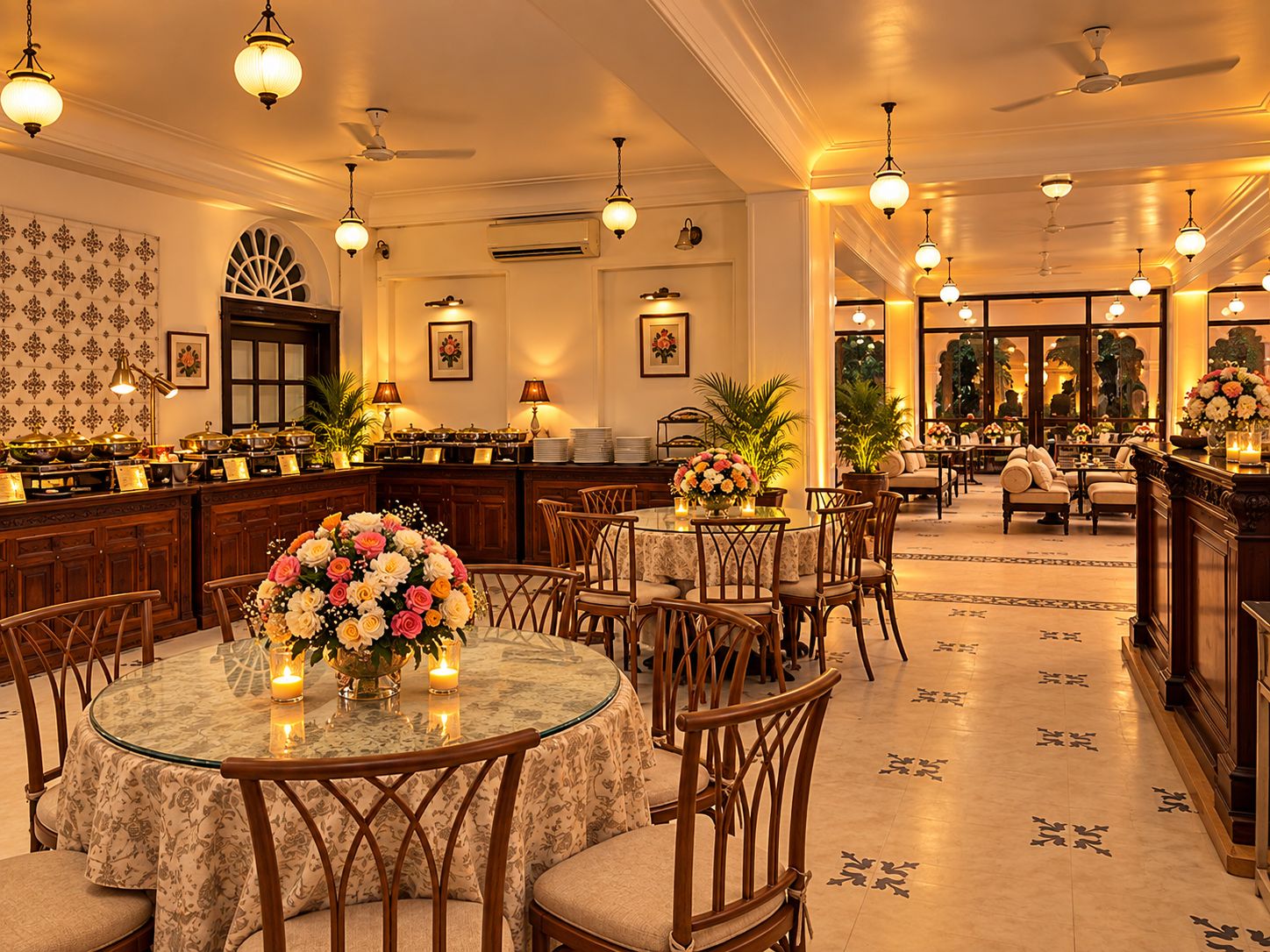 A hotel dining area with round tables, chairs, and a central floral arrangement.