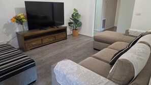 Sala de estar com televisão de tela plana, painel de madeira para TV, planta em vaso e sofá com manta estampada.