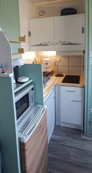 A compact kitchen with a microwave, toaster, and a small refrigerator. There is a sink and a cabinet with a landscape decal. - Cozy studio apartment 50 meters from the base of the slopes (Arette la Pierre saint)