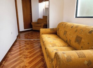 Ein Zimmer mit Holzboden, einer Couch, einem Sessel und einer Tür.