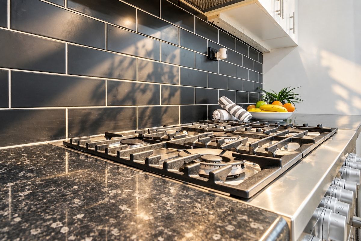 A kitchen with a gas stove, black tiled backsplash, and a bowl of fruit on the counter.