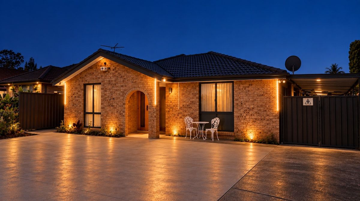 A brick house with a covered patio, a satellite dish, and a gated entrance.