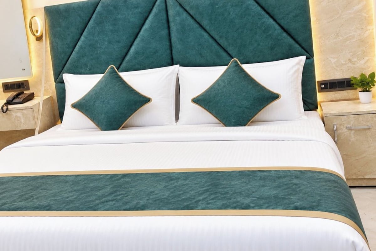A bed with a tufted headboard, two pillows, a bedside table with a phone, and a nightstand with a plant.