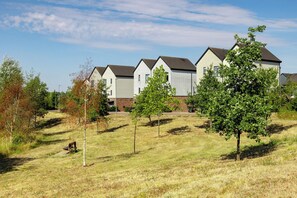 Fileira de casas modernas com gramado frontal.
