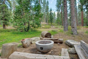 Ein Campingplatz mit Feuerstelle, umgeben von Baumstämmen und Steinen, inmitten eines bewaldeten Gebietes mit hohen Kiefern.