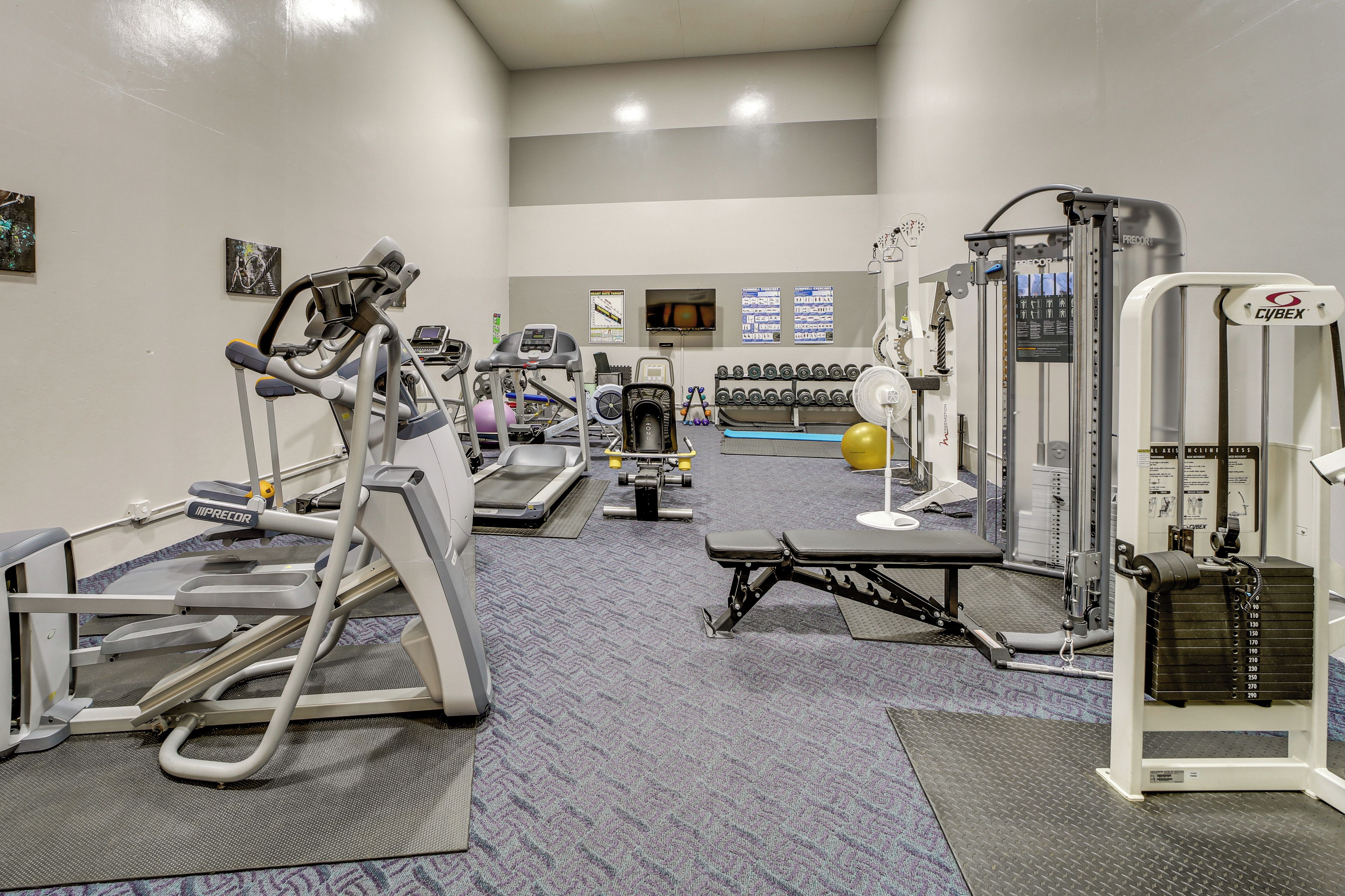Academia com máquinas de cardio, equipamentos de musculação e área de piscina ao fundo.